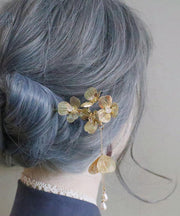 Chinese Style Gold Metal Floral Pearl Tassel Hairpin