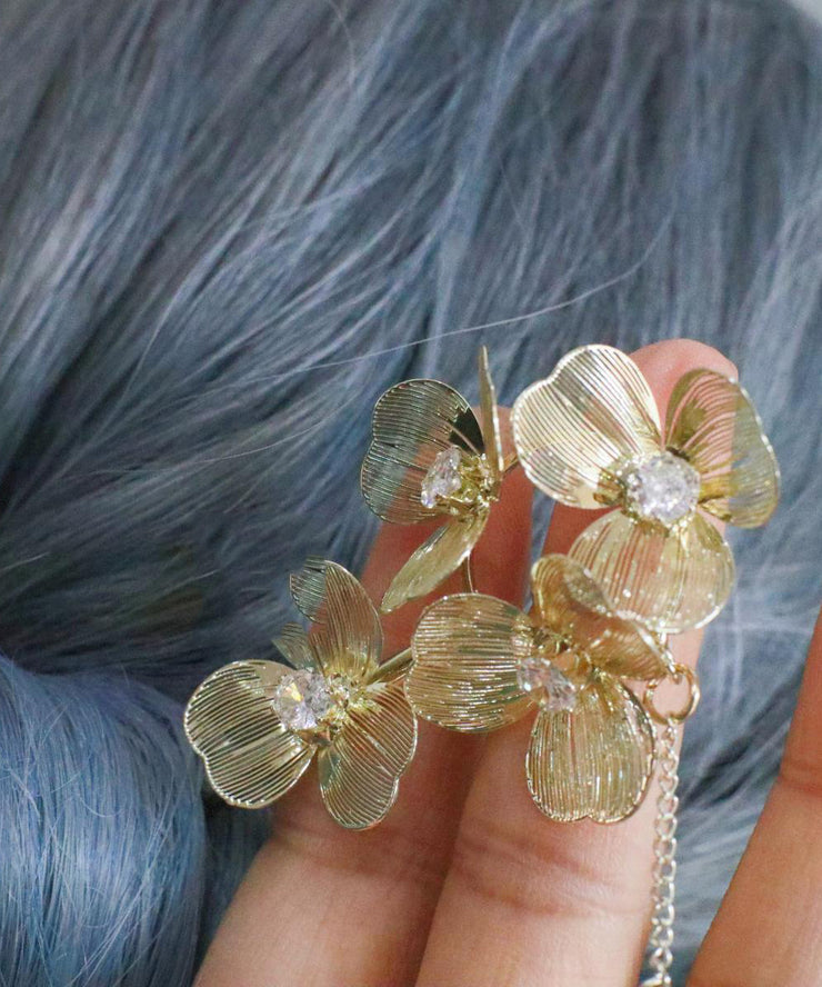 Chinese Style Gold Metal Floral Pearl Tassel Hairpin