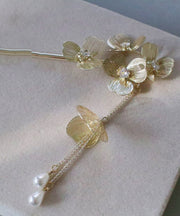 Chinese Style Gold Metal Floral Pearl Tassel Hairpin