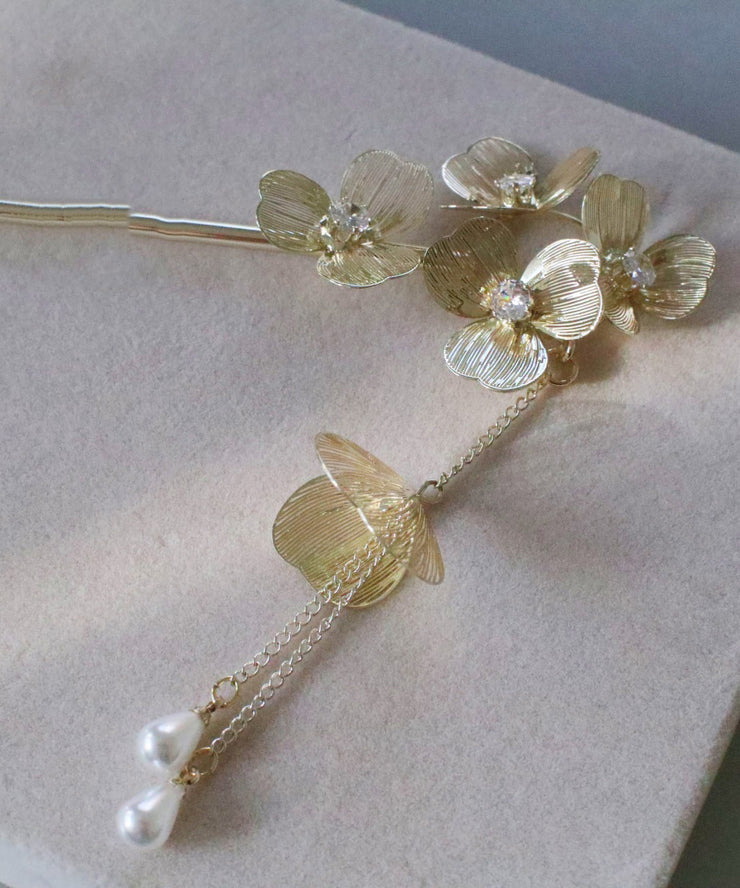 Chinese Style Gold Metal Floral Pearl Tassel Hairpin