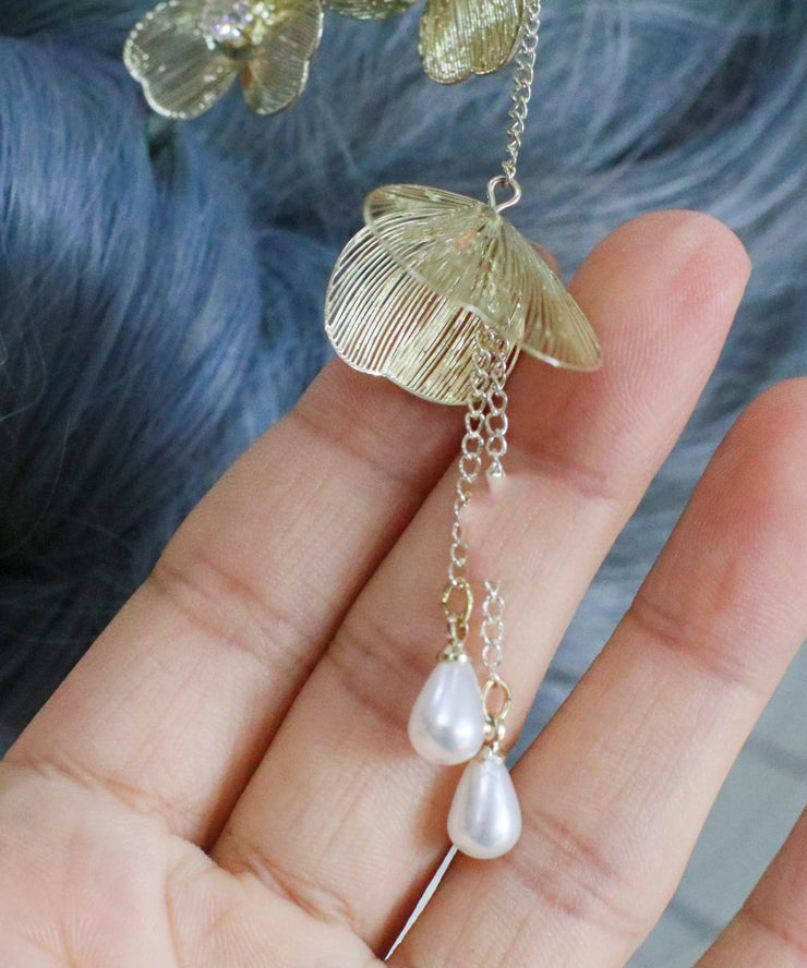 Chinese Style Gold Metal Floral Pearl Tassel Hairpin