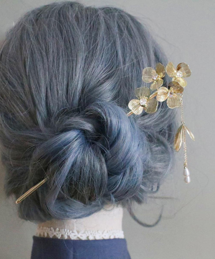 Chinese Style Gold Metal Floral Pearl Tassel Hairpin