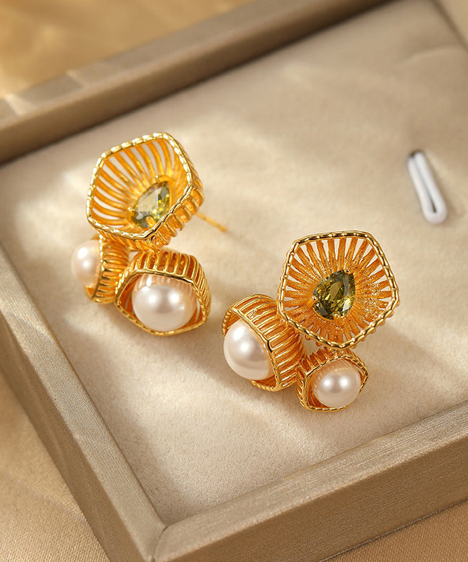 Chinese Style Gold Metal Zircon Pearl Hollow Out Stud Earrings