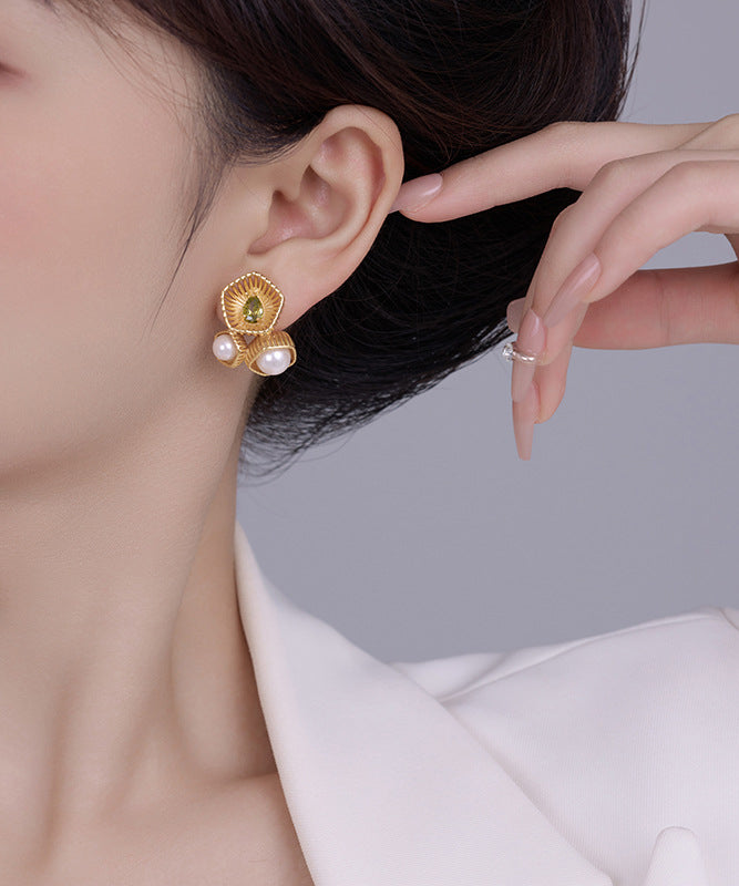 Chinese Style Gold Metal Zircon Pearl Hollow Out Stud Earrings