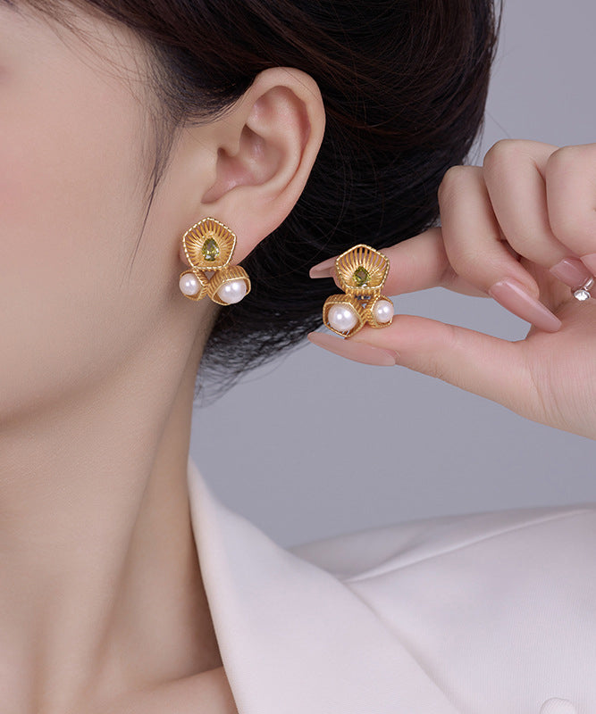 Chinese Style Gold Metal Zircon Pearl Hollow Out Stud Earrings