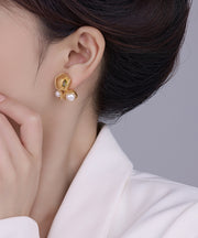 Chinese Style Gold Metal Zircon Pearl Hollow Out Stud Earrings