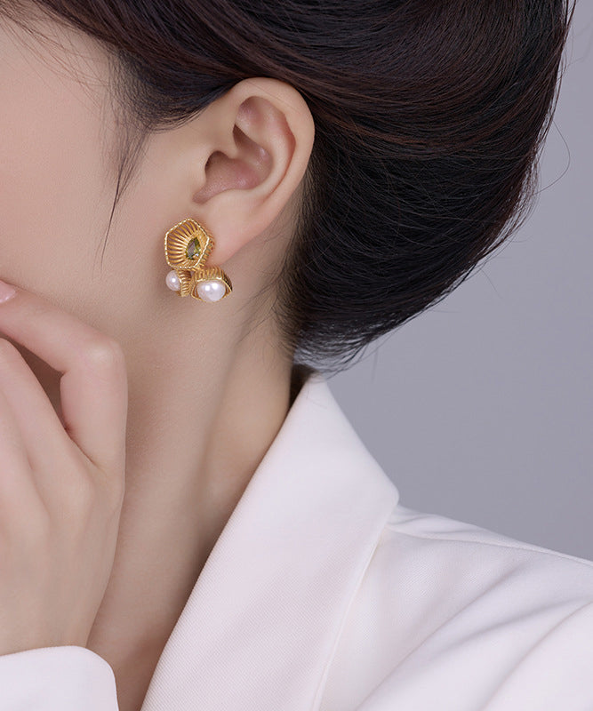 Chinese Style Gold Metal Zircon Pearl Hollow Out Stud Earrings