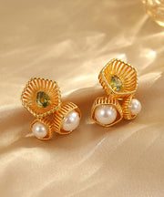 Chinese Style Gold Metal Zircon Pearl Hollow Out Stud Earrings