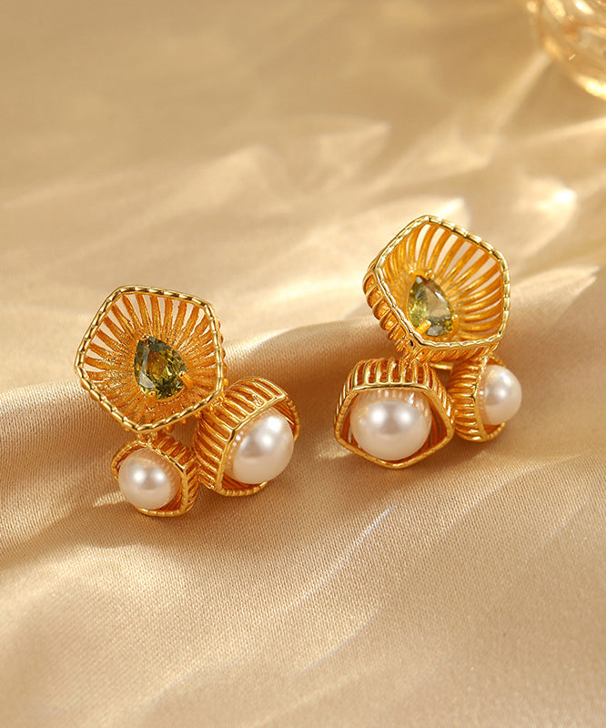 Chinese Style Gold Metal Zircon Pearl Hollow Out Stud Earrings