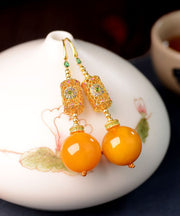 Chinese Style Gold Sterling Silver Overgild Amber Beeswax Drop Earrings