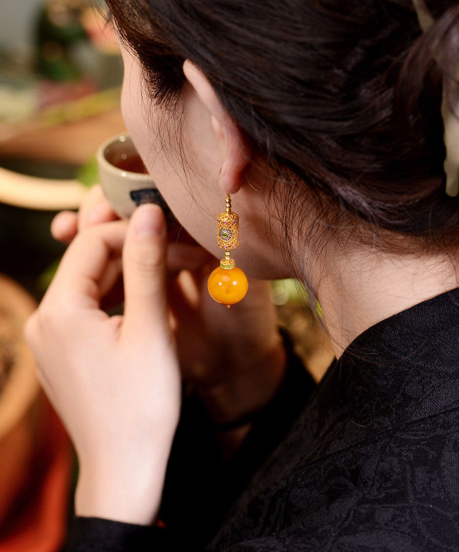 Chinese Style Gold Sterling Silver Overgild Amber Beeswax Drop Earrings