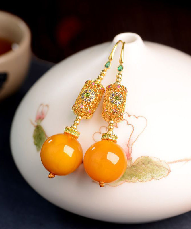 Chinese Style Gold Sterling Silver Overgild Amber Beeswax Drop Earrings
