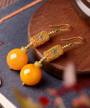 Chinese Style Gold Sterling Silver Overgild Amber Beeswax Drop Earrings