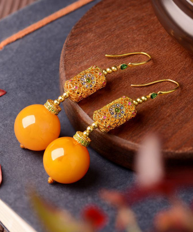 Chinese Style Gold Sterling Silver Overgild Amber Beeswax Drop Earrings