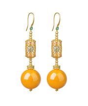 Chinese Style Gold Sterling Silver Overgild Amber Beeswax Drop Earrings