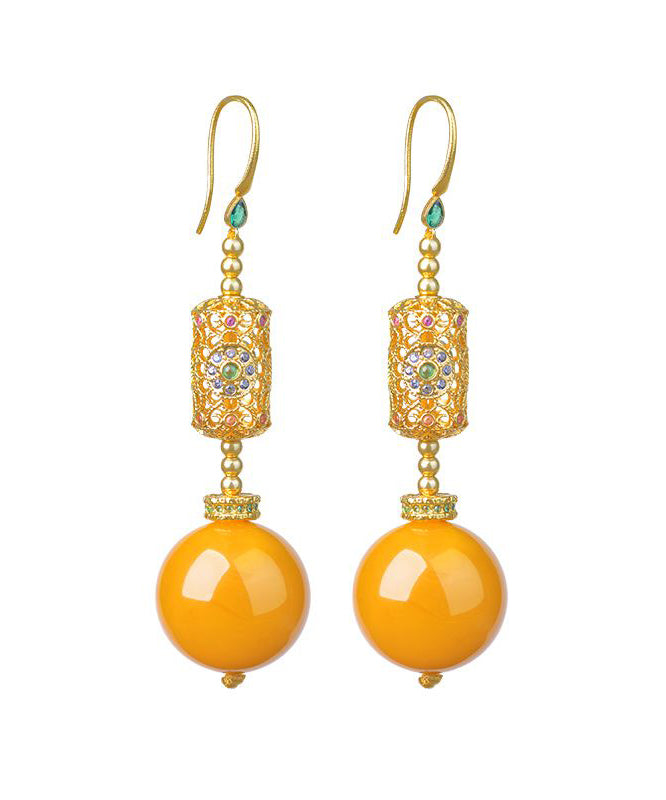 Chinese Style Gold Sterling Silver Overgild Amber Beeswax Drop Earrings