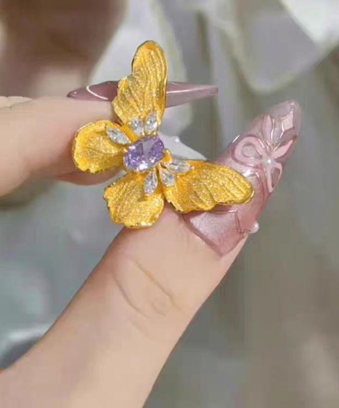Chinese Style Gold Sterling Silver Overgild Butterfly Rings Two-Piece Set