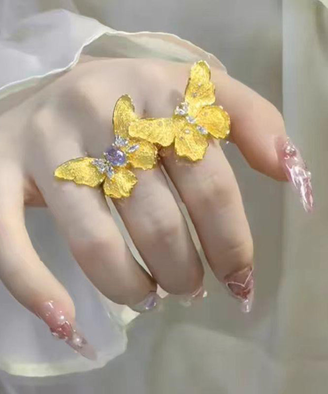 Chinese Style Gold Sterling Silver Overgild Butterfly Rings Two-Piece Set