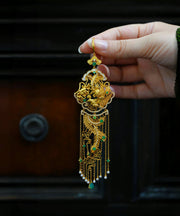 Chinese Style Gold Sterling Silver Overgild Pearl Phoenix Tassel Drop Earrings