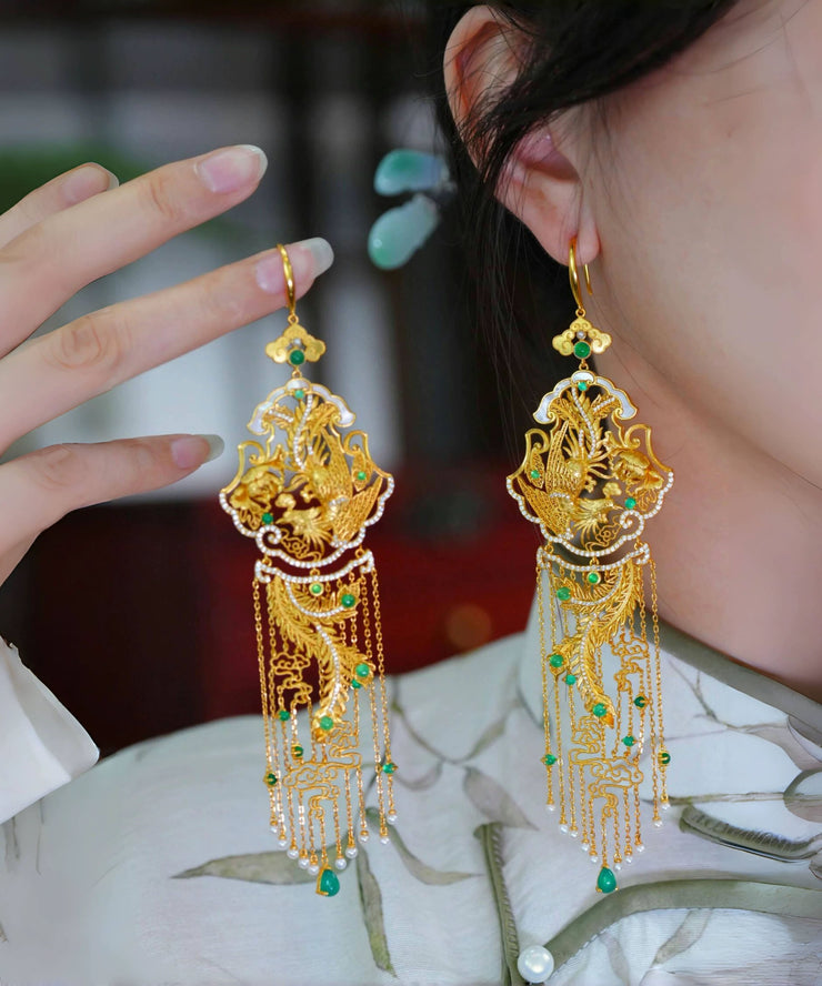 Chinese Style Gold Sterling Silver Overgild Pearl Phoenix Tassel Drop Earrings
