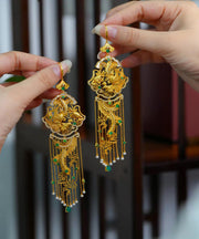 Chinese Style Gold Sterling Silver Overgild Pearl Phoenix Tassel Drop Earrings