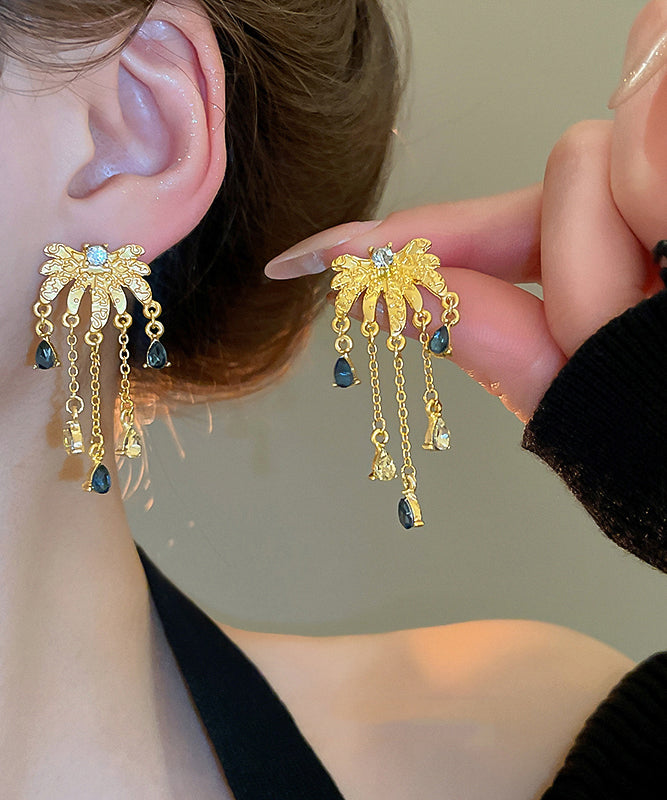 Chinese Style Gold Sterling Silver Overgild Zircon Floral Water Drop Tassel Drop Earrings