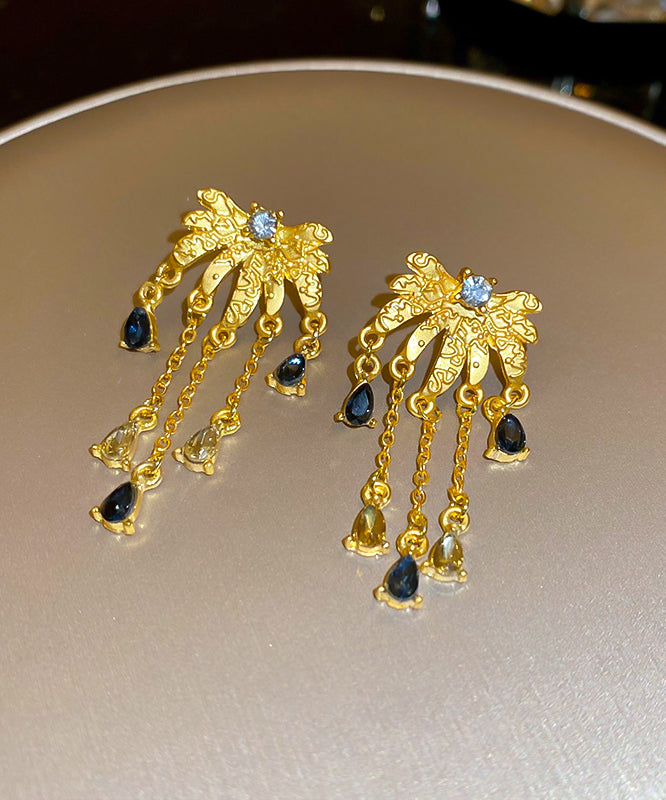 Chinese Style Gold Sterling Silver Overgild Zircon Floral Water Drop Tassel Drop Earrings