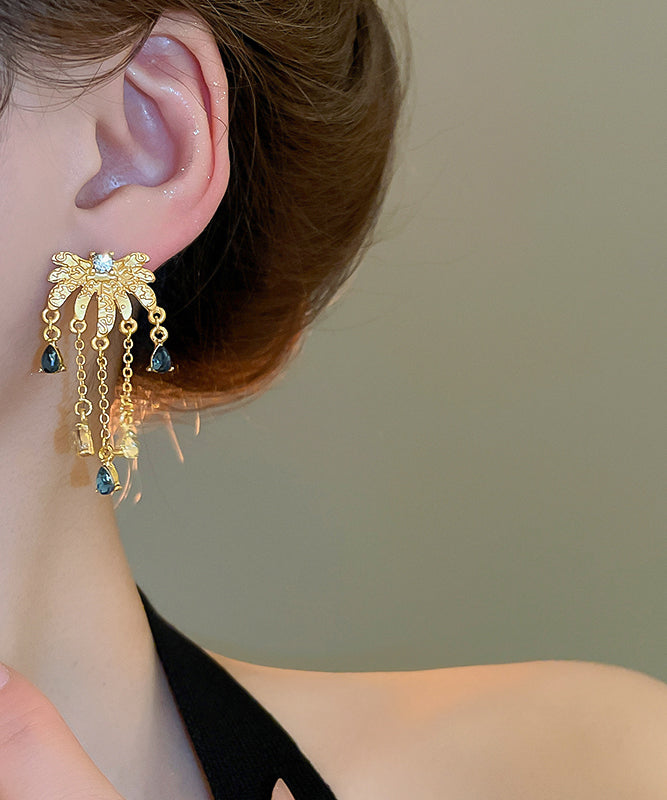 Chinese Style Gold Sterling Silver Overgild Zircon Floral Water Drop Tassel Drop Earrings