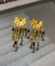 Chinese Style Gold Sterling Silver Overgild Zircon Floral Water Drop Tassel Drop Earrings