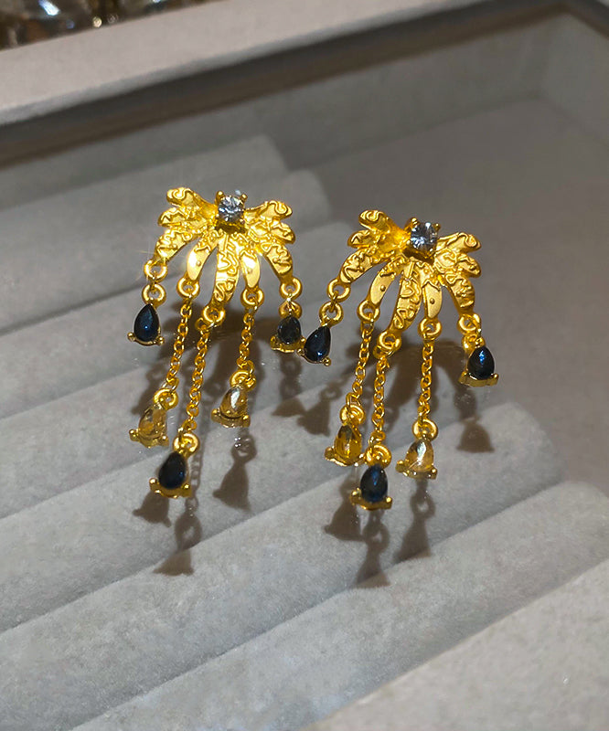 Chinese Style Gold Sterling Silver Overgild Zircon Floral Water Drop Tassel Drop Earrings