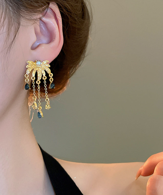 Chinese Style Gold Sterling Silver Overgild Zircon Floral Water Drop Tassel Drop Earrings