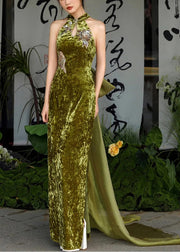 Chinese Style Grass Green Silm Fit Silk Velvet Dresses Summer