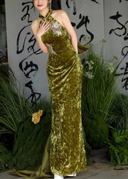 Chinese Style Grass Green Silm Fit Silk Velvet Dresses Summer