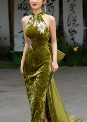 Chinese Style Grass Green Silm Fit Silk Velvet Dresses Summer