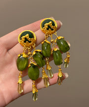 Chinese Style Green Alloy Jade Tassel Drop Earrings