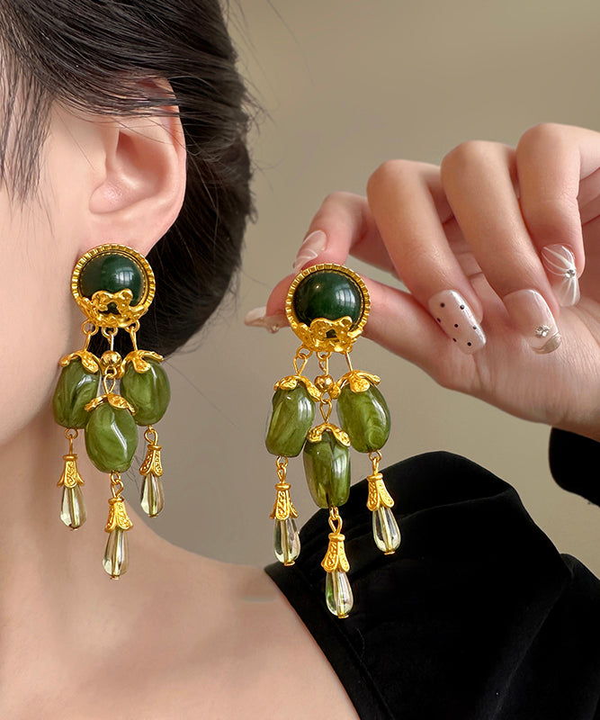 Chinese Style Green Alloy Jade Tassel Drop Earrings