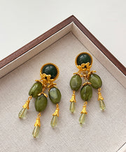 Chinese Style Green Alloy Jade Tassel Drop Earrings