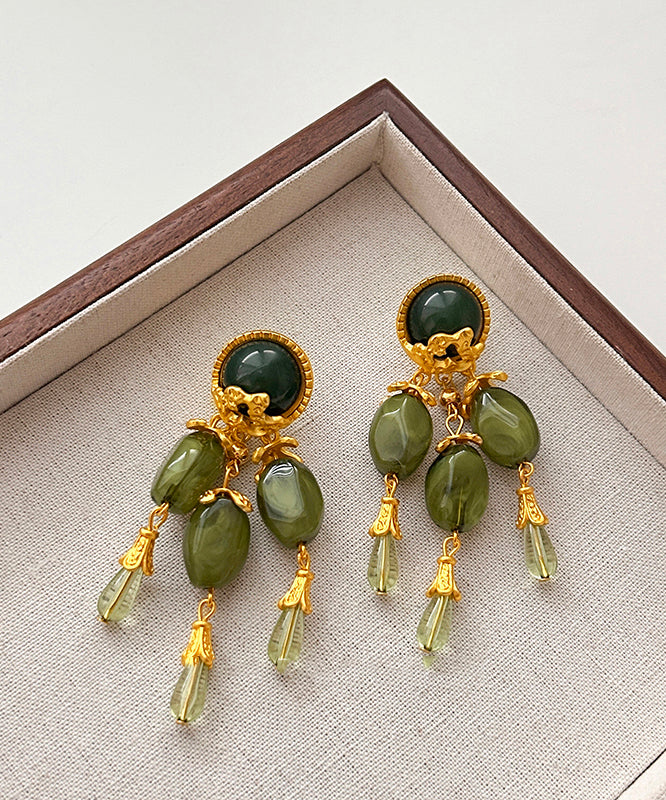 Chinese Style Green Alloy Jade Tassel Drop Earrings
