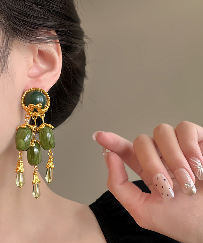 Chinese Style Green Alloy Jade Tassel Drop Earrings