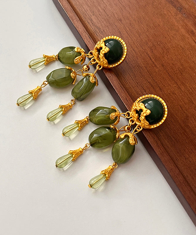 Chinese Style Green Alloy Jade Tassel Drop Earrings
