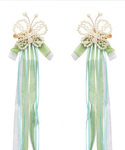 Chinese Style Green Alloy Pearl Butterfly Tassel Ribbon Hairpin
