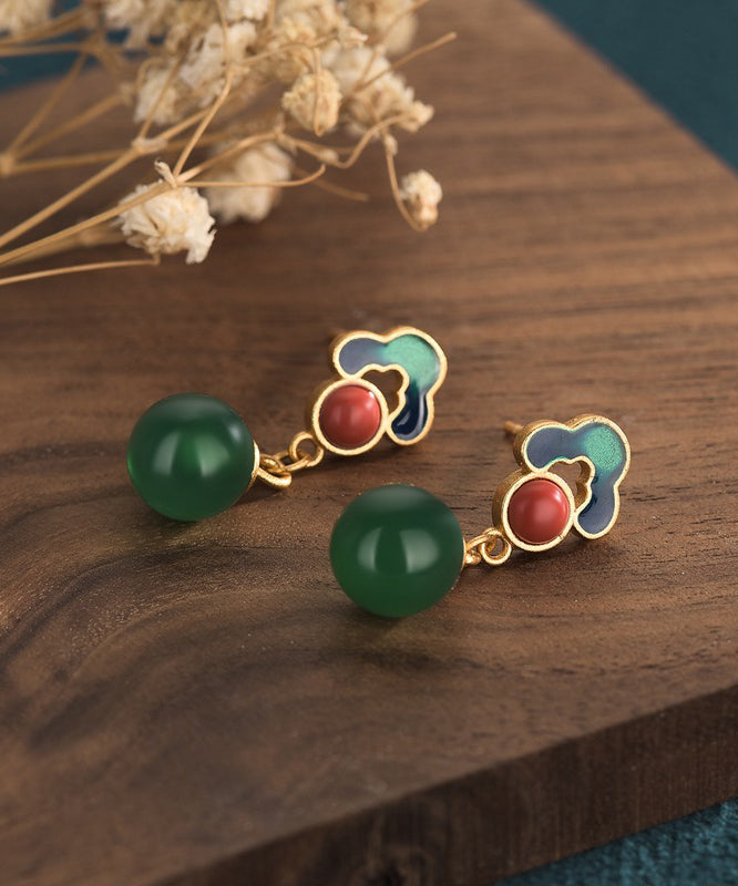 Chinese Style Green Ancient Gold Chalcedony Drop Earrings