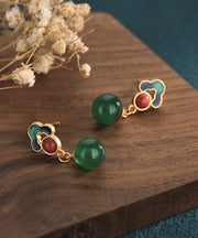 Chinese Style Green Ancient Gold Chalcedony Drop Earrings