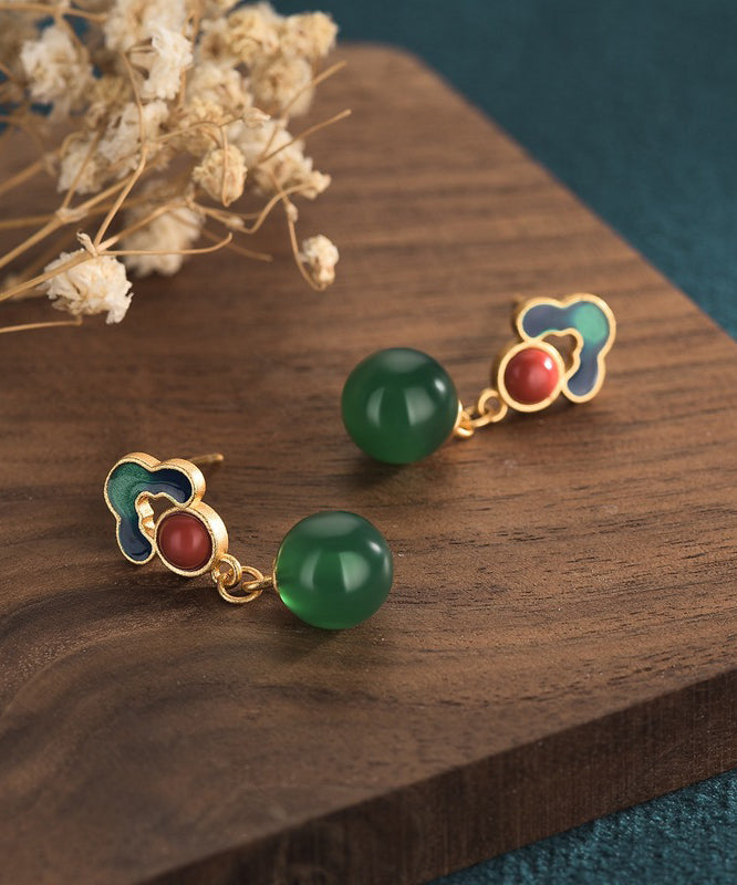 Chinese Style Green Ancient Gold Chalcedony Drop Earrings