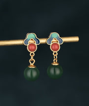 Chinese Style Green Ancient Gold Chalcedony Drop Earrings