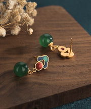 Chinese Style Green Ancient Gold Chalcedony Drop Earrings