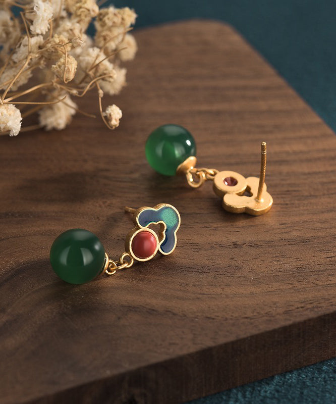 Chinese Style Green Ancient Gold Chalcedony Drop Earrings