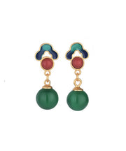 Chinese Style Green Ancient Gold Chalcedony Drop Earrings
