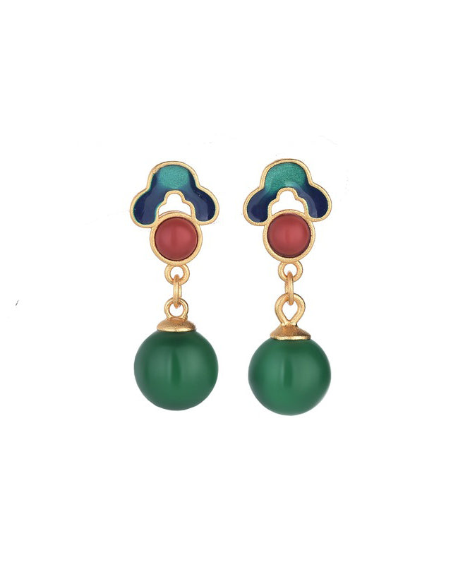 Chinese Style Green Ancient Gold Chalcedony Drop Earrings