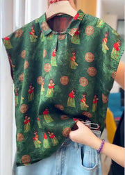 Chinese Style Green Button Print Cotton Shirts Summer